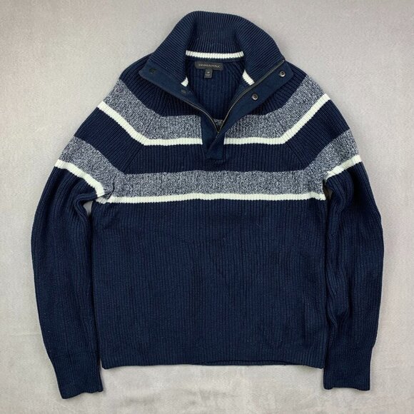 Banana Republic Mens Sweater Medium Blue Striped 1/4 Zip Long Sleeve Rib Knit - Picture 1 of 8